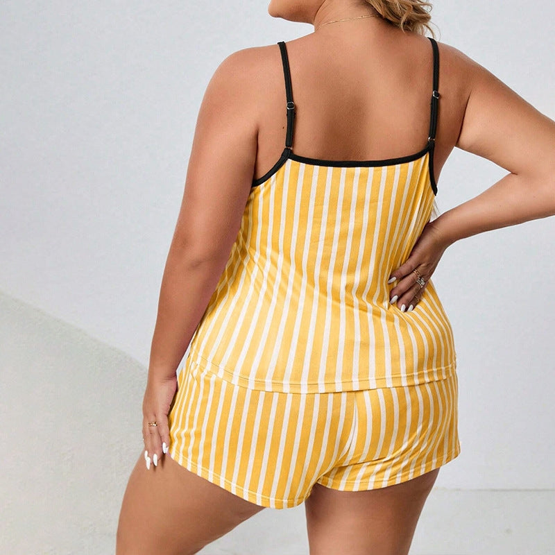 Women Fashion Casual Stripe Camisole Loose Shorts Pajamas Two-Piece Set