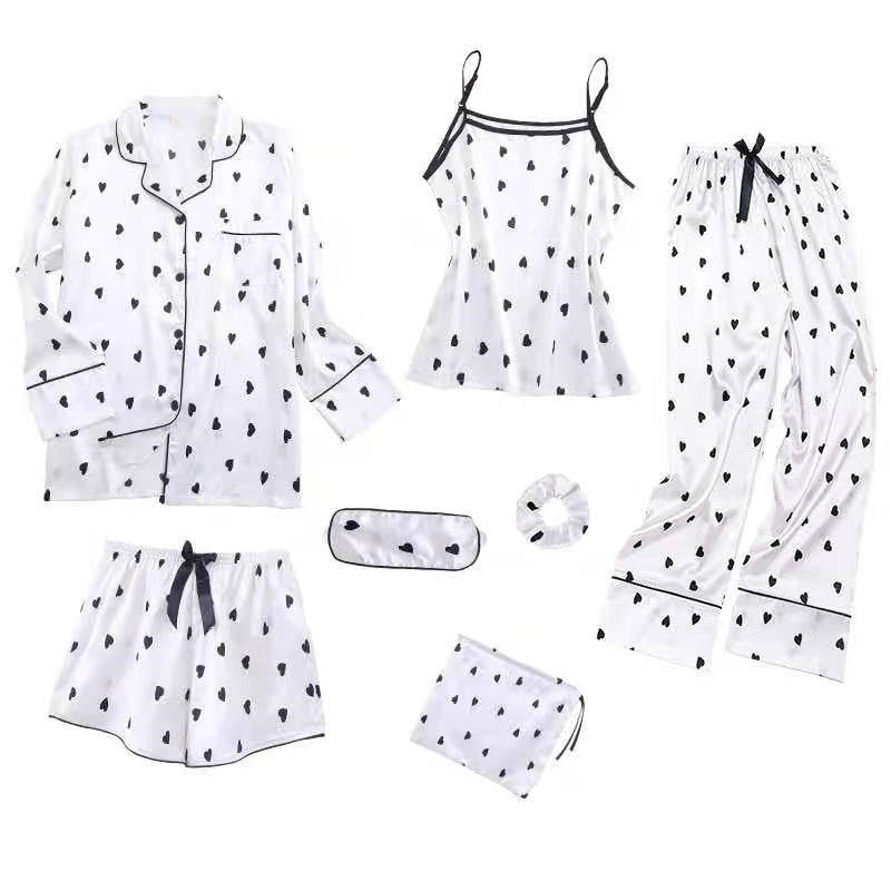 Women Simple Casual Stripe Printed Thin Pajamas Seven-Piece Set