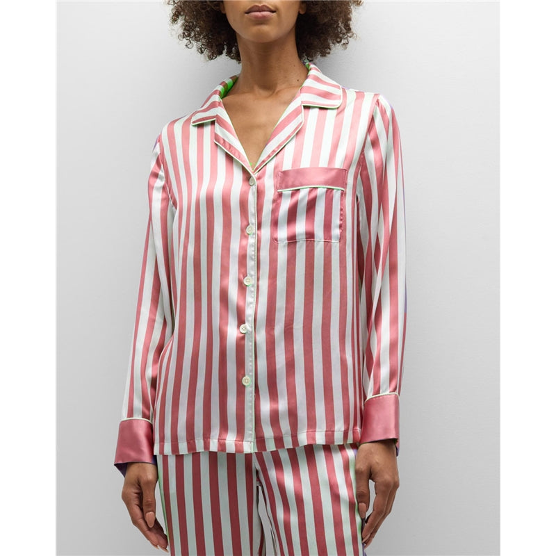 Women Fashion Casual Stripe Lapel Long Sleeve Top Loose Pants Pajamas Two-Piece Set