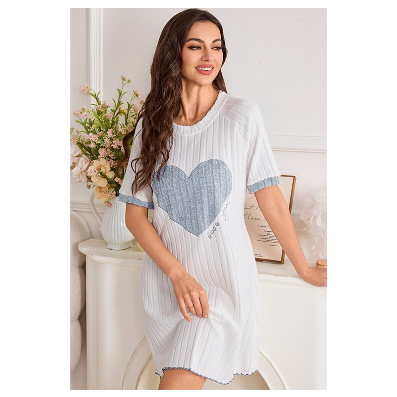 Women Fashion Casual Autumn Love Printed Round Neck Short-Sleeve Dress Pajamas