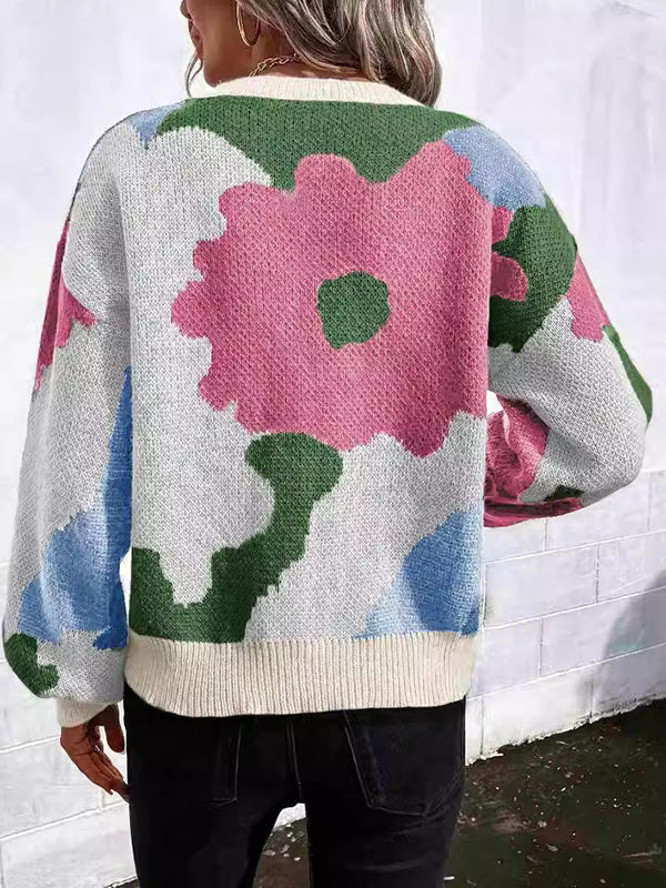 Loose Puff Sleeves Asymmetric Knitted Flower Split-Joint Round-Neck Sweater Tops