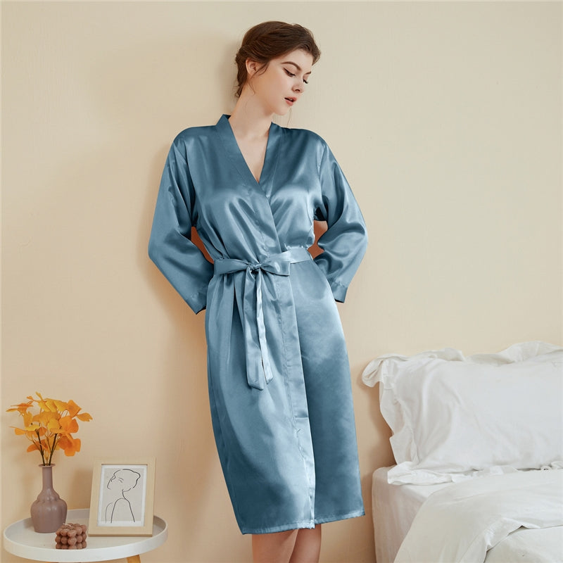 Women Fashion Solid Color Satin Long-Sleeve Lace-Up Loose Pajamas