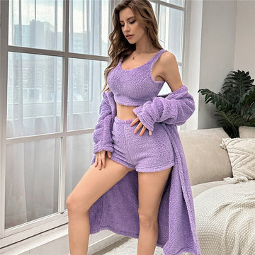 Autumn And Winter Women Fashion Solid Color Flannel Nightgown Three-Piece Set
