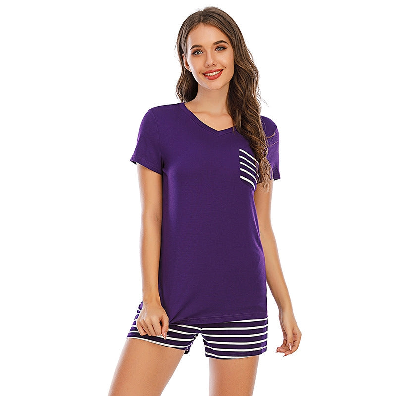 Women Casual Short-Sleeved Top And Stripe Shorts Pajamas Two-Piece Set