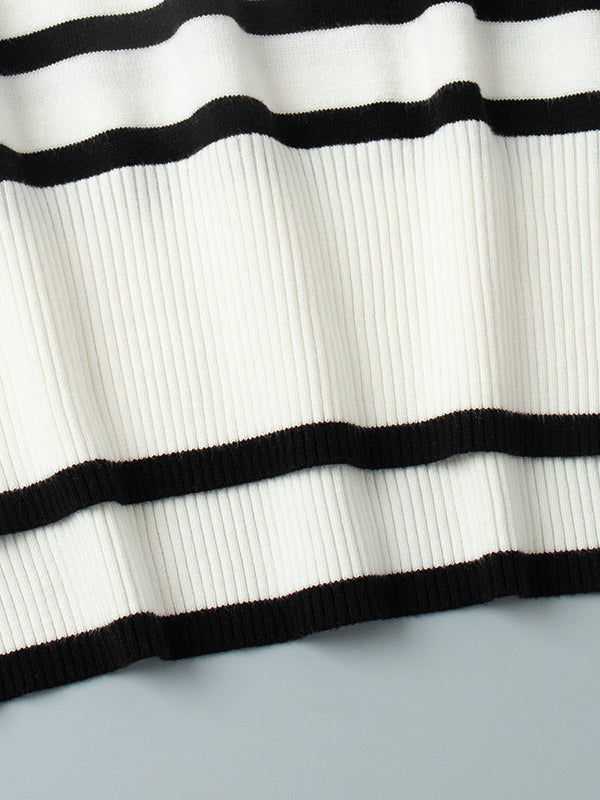 High-Low Long Sleeves Split-Joint Split-Side Striped High Neck Sweater Tops