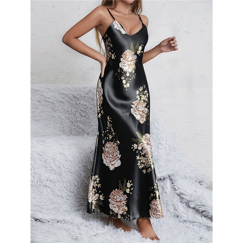 Women Fashion Sexy Floral Printed Sleeveless Spaghetti Strap Loose Dress Pajamas