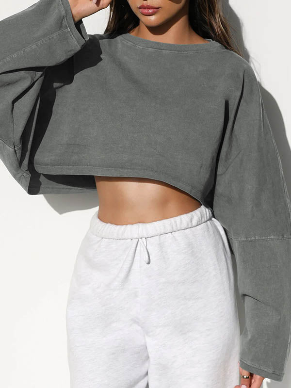 Long Sleeves Loose Solid Color Split-Joint Round-Neck Sweatshirt Tops