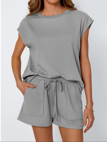 Loose Raglan Sleeve Solid Color Split-Joint Round-Neck T-Shirt + Drawstring Elasticity Shorts Two Pieces Set