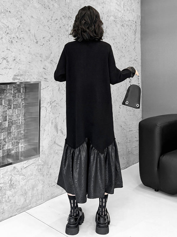 A-Line Long Sleeves Buttoned Split-Joint Polo Midi Dresses Sweater Dresses