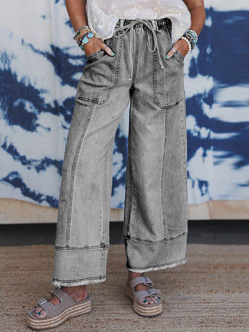 High Waisted Loose Drawstring Fringed Pockets Solid Color Jean Pants Bottoms