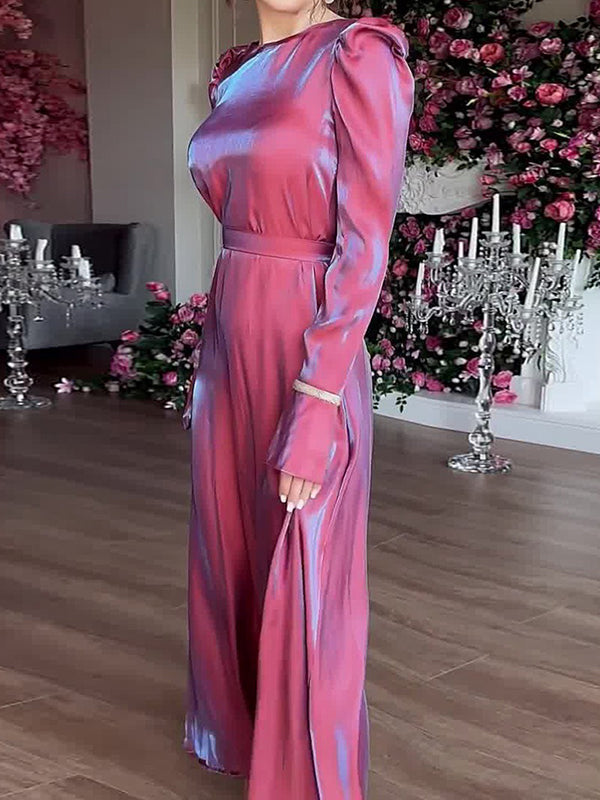 A-Line Long Sleeves Pleated Solid Color Tied Waist Zipper Round-Neck Maxi Dresses
