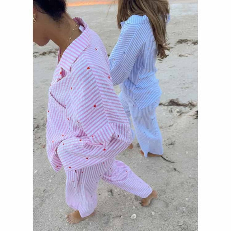 Women Fashion Casual Stripe Heart-Shaped Embroidered Long-Sleeved Top Loose Pants Pajamas Set