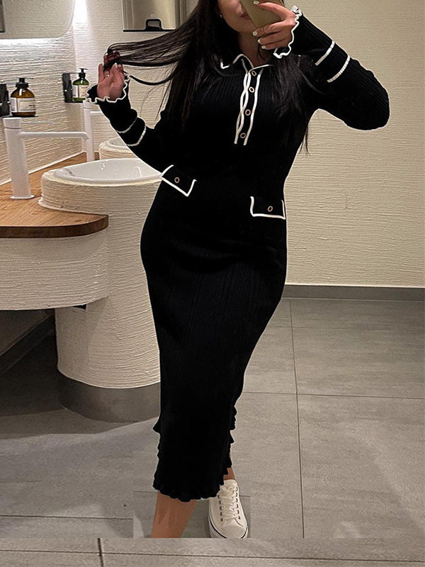 Long Sleeves Pleated Ruffled Split-Joint Lapel Maxi Dresses Sweater Dresses