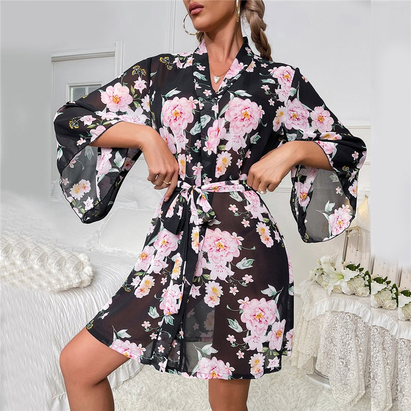 Women Fashion Floral Printed Long Sleeve Chiffon Pajamas