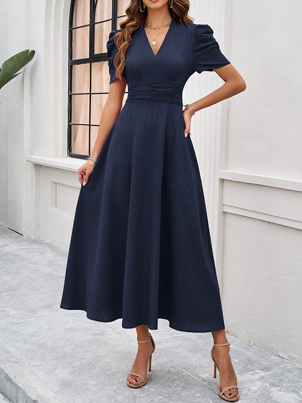 A-Line High Waisted Pleated Solid Color Zipper V-Neck Maxi Dresses