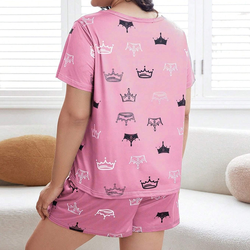Women Fashion Casual Plus Size Printed T-Shirt Loose Shorts Pajamas Two-Piece Set