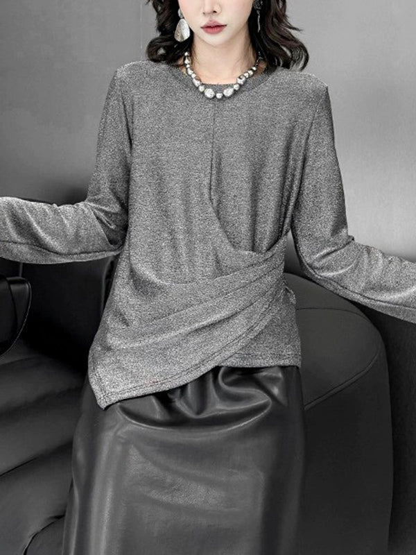 Hipster Long Sleeves Asymmetric Solid Color Round-Neck T-Shirts Tops