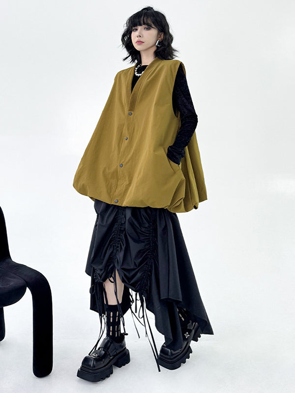 A-Line Hipster Buttoned Solid Color V-Neck Vest Top