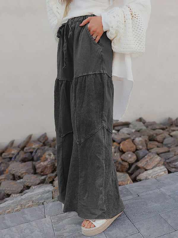 High Waisted Loose Drawstring Pleated Pockets Solid Color Split-Joint Pants Trousers