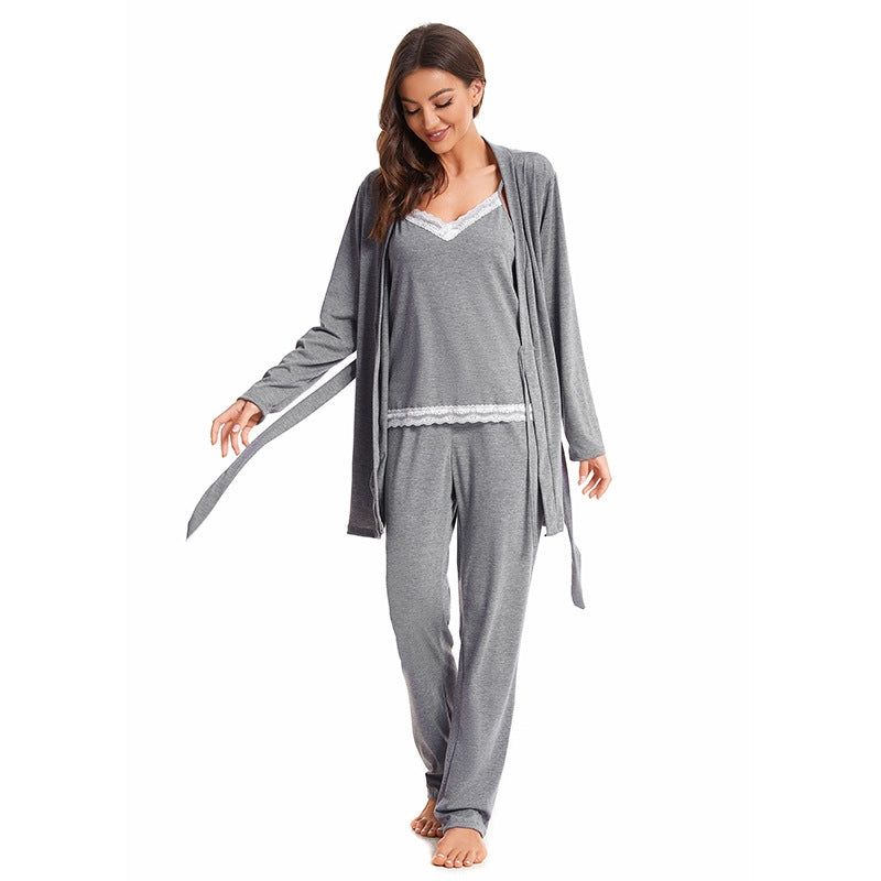 Women Fashion Casual Printed Camisole Loose Pants Long-Sleeve Coat Pajamas Three-Piece Set