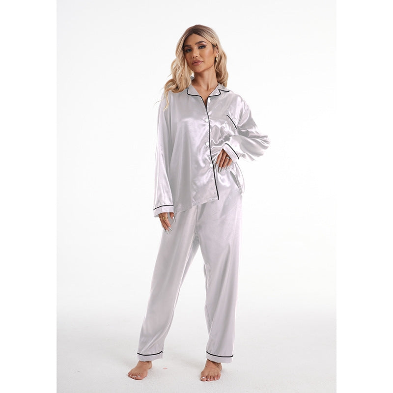 Women Simple Casual Lapel Ice Silk Long-Sleeved Pajamas Set