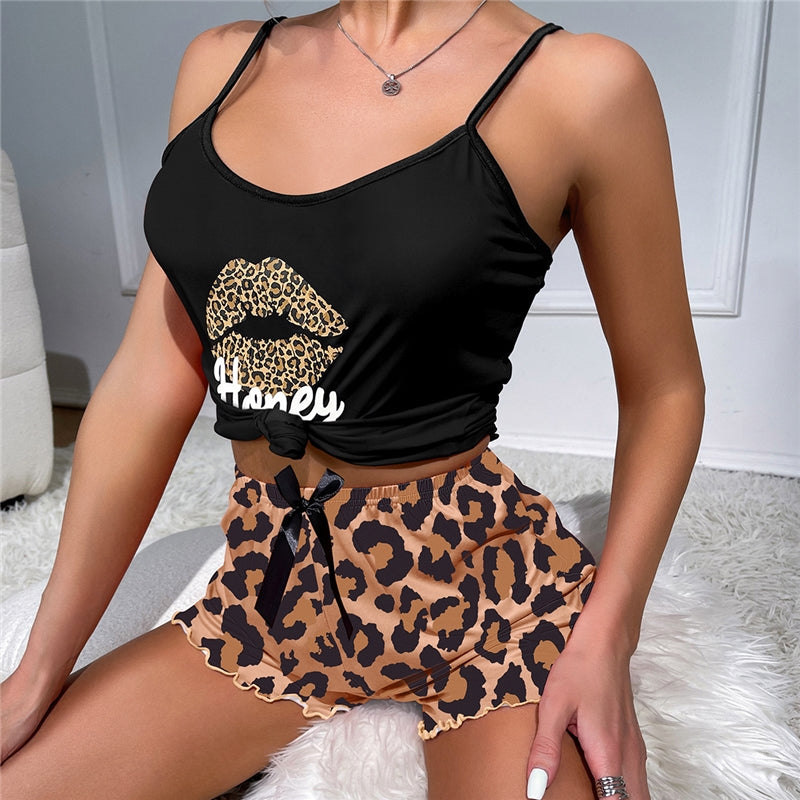 Women Sexy Leopard Print Pajamas Two-Piece Set