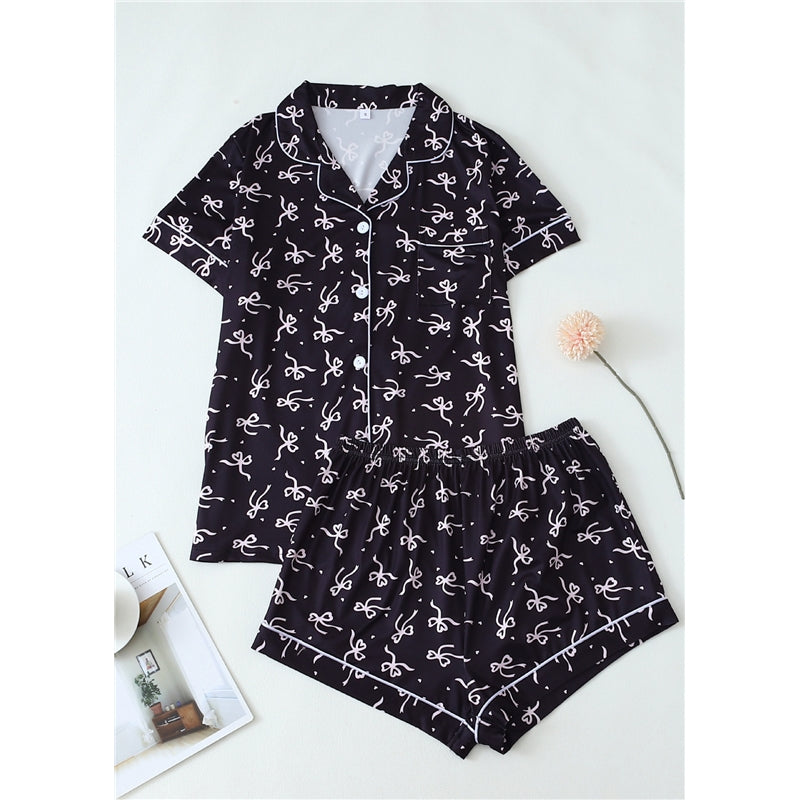 Women Fashion Casual Bowknot Printed Lapel Short Sleeve Top Loose Shorts Pajamas Set