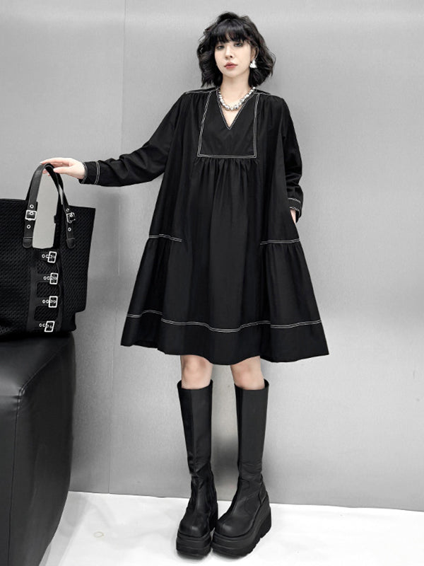 A-Line Long Sleeves Comfort Contrast Color Pleated V-Neck Mini Dresses