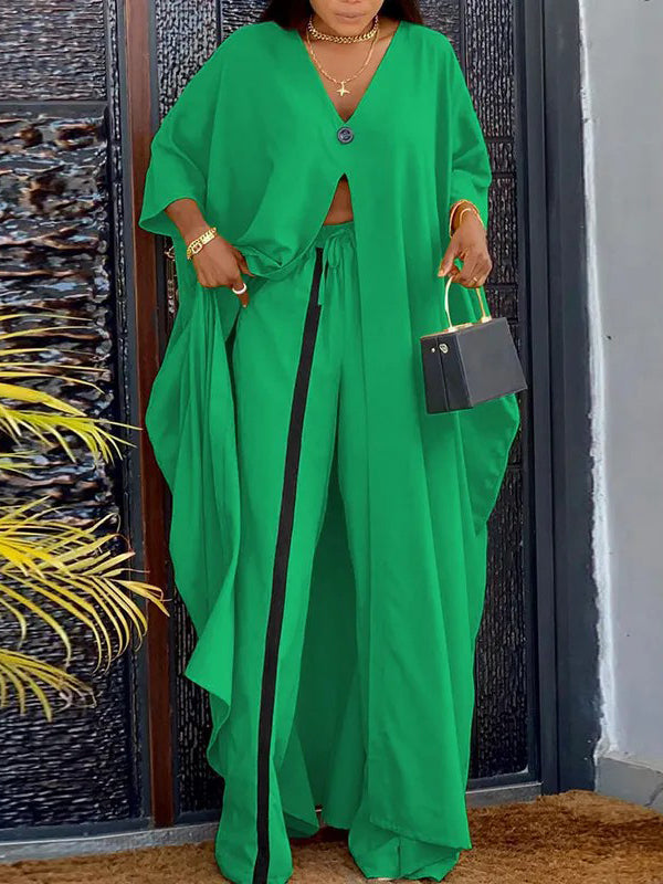 Batwing Sleeves Split-Front V-Neck Cover-Ups Tops + High Waisted Elasticity Pants Two Pieces Set