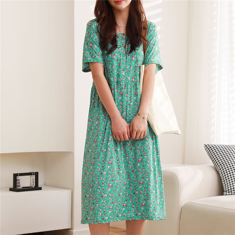Women Fashion Casual Floral Printed Short Sleeve Loose Dress Pajamas