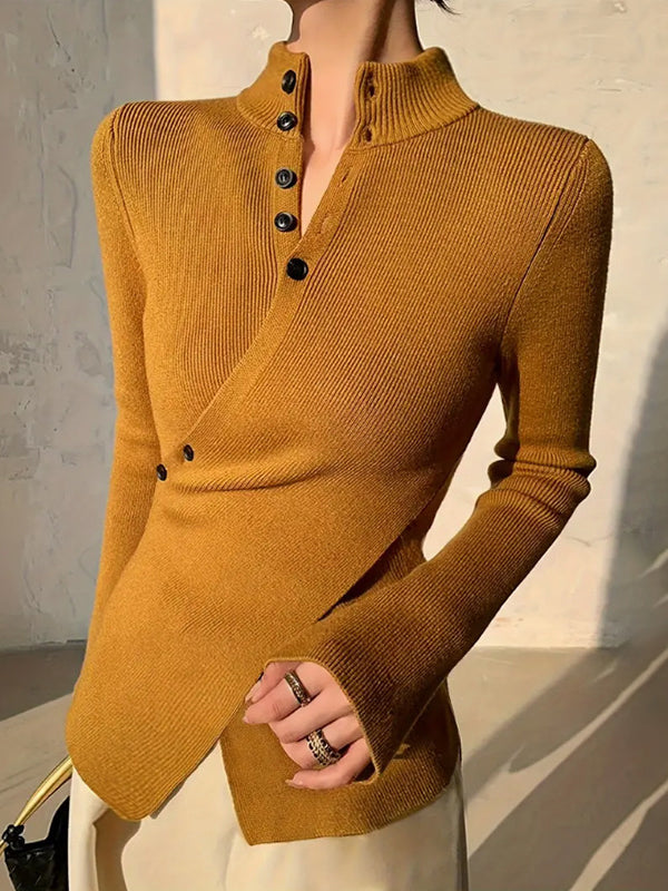 Long Sleeves Asymmetric Split-front Split-Joint V-neck Sweater Tops