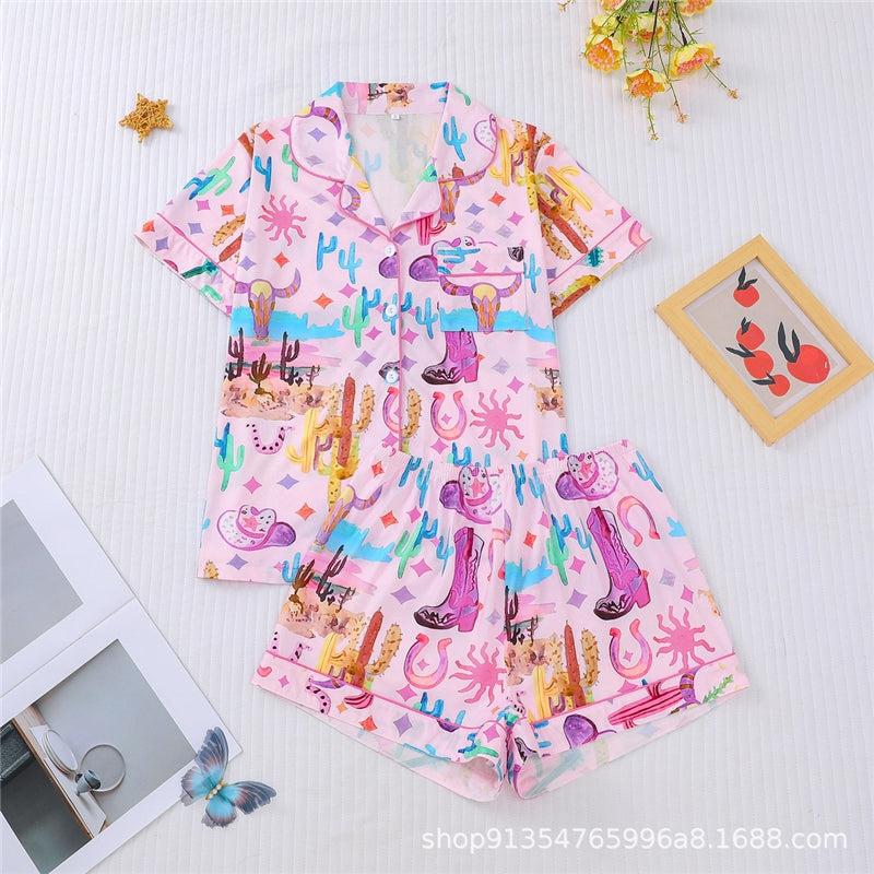 Women Multicolor Printed Lapel Loose Short Sleeve Shorts Pajamas