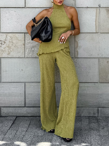 Solid Color Pleated Sleeveless Asymmetric High Neck Vest + Wide Leg Pants Two Pieces Set