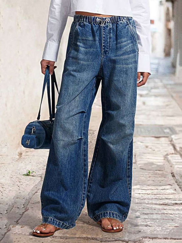 High Waisted Loose Drawstring Elasticity Gradient Jean Pants Bottoms