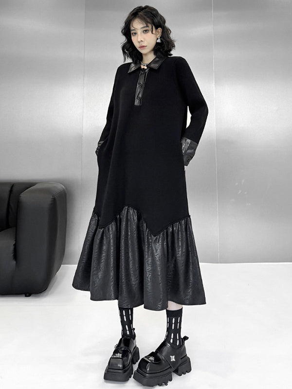 A-Line Long Sleeves Buttoned Split-Joint Polo Midi Dresses Sweater Dresses