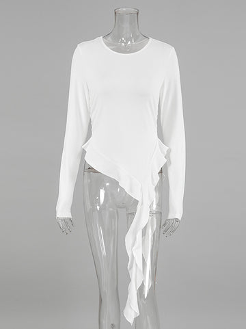 Long Sleeves Skinny Pleated Solid Color Round-Neck T-Shirts Tops