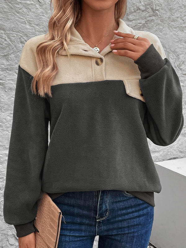 Long Sleeves Loose Buttoned Contrast Color Split-Joint Velvet Stand Collar Sweatshirt Tops