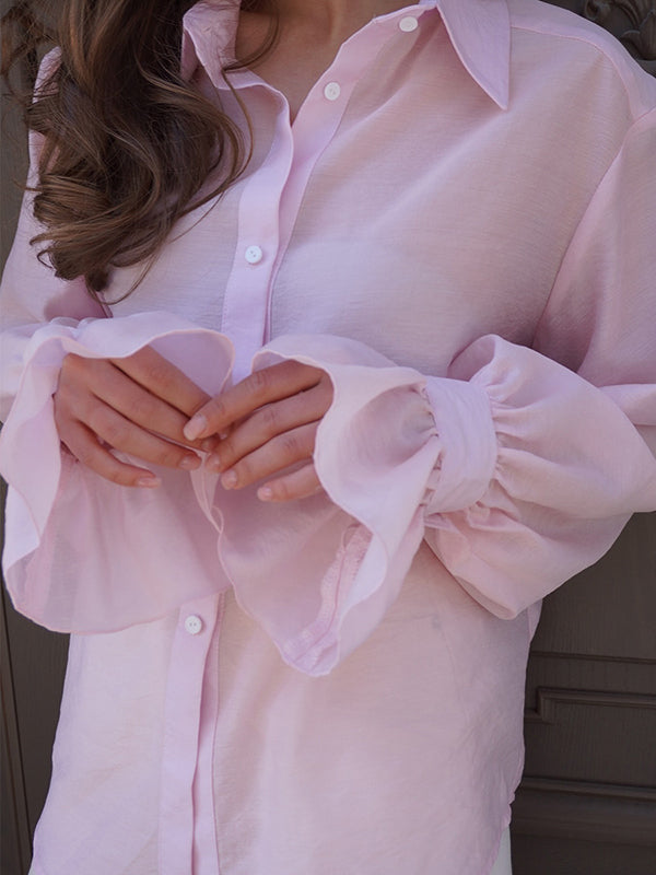 Loose Puff Sleeves Pleated Solid Color Split-Joint Lapel Blouses&Shirts Tops