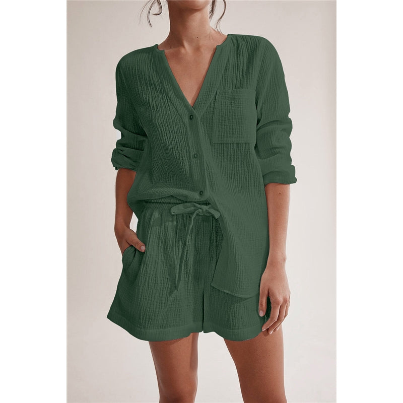 Women Casual Solid Color Double Gauze Cotton Long Sleeve Shorts Pajamas Set