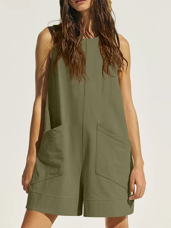 Loose Sleeveless Pockets Solid Color Round-Neck Rompers
