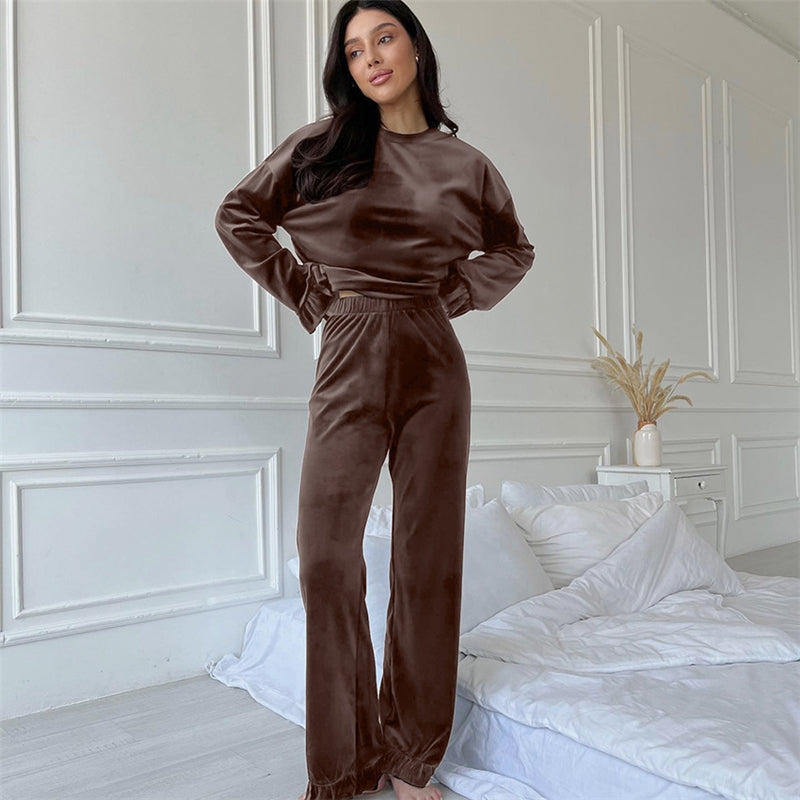 Autumn Winter Women Fashion Solid Color Round Neck Long Sleeve Top Pants Home Pajamas Set