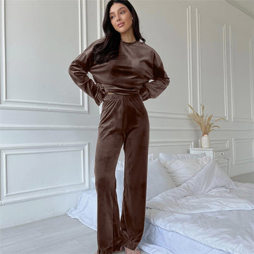 Autumn Winter Women Fashion Solid Color Round Neck Long Sleeve Top Pants Home Pajamas Set
