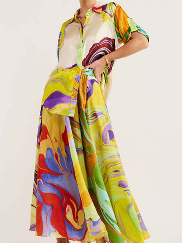 Loose Asymmetric Printed Lapel Blouse + A-Line Drawstring Elasticity Skirt Two Pieces Set