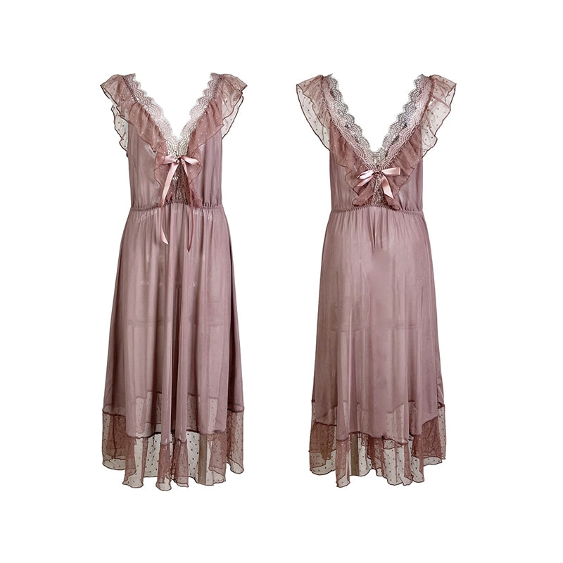 Women Fashion Sexy Deep V Lace Mesh Polar Dot Sexy Pajamas