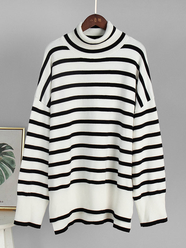 High-Low Long Sleeves Split-Joint Split-Side Striped High Neck Sweater Tops