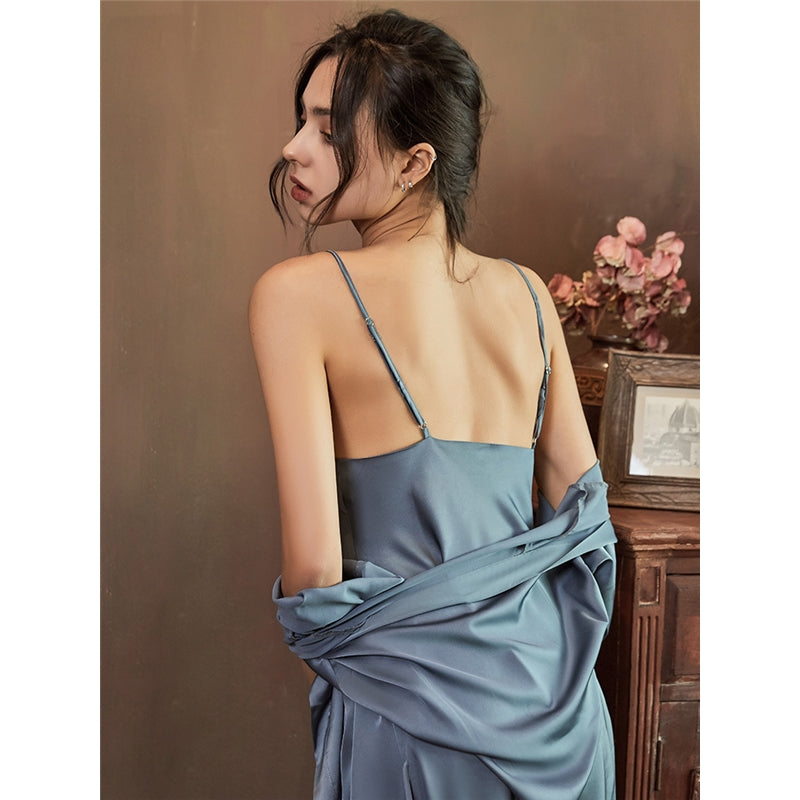 Women Sexy Solid Color Nightdress And Robe Pajamas Two-Piece Set