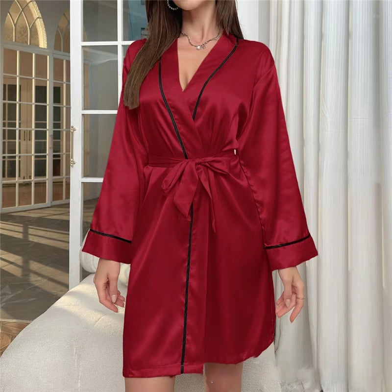 Women Fashion Casual Imitation Silk V-Neck Long-Sleeve Lace-Up Pajamas