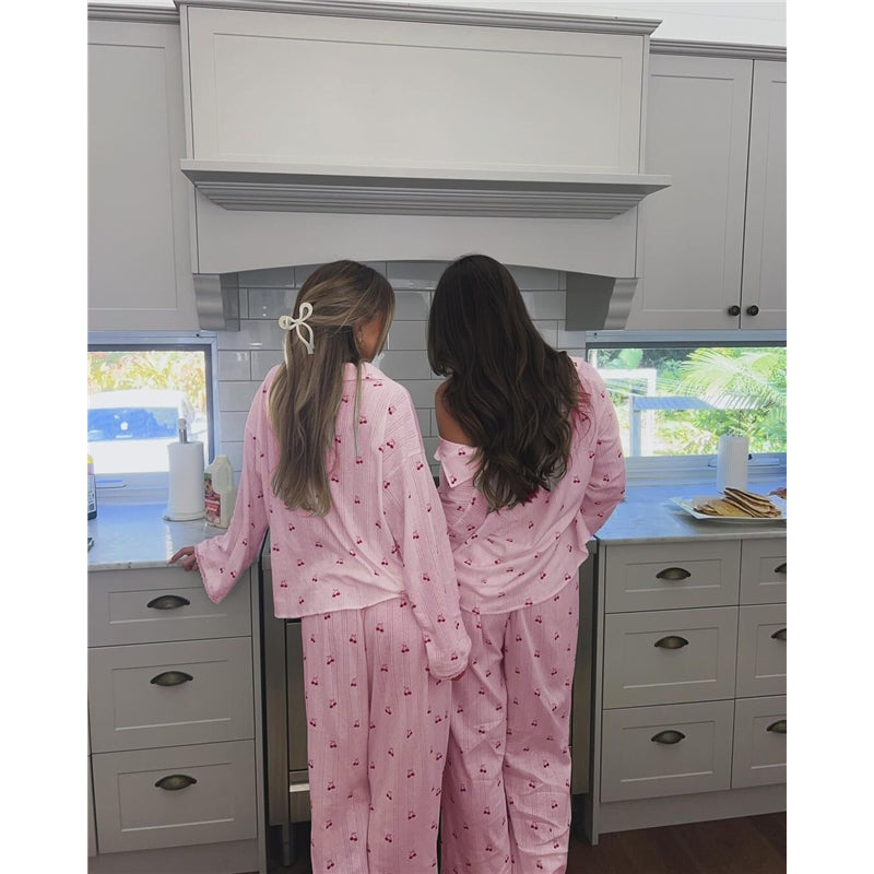 Women Fashion Casual Cherry Printed Lapel Long-Sleeve Top Loose Pants Pajamas