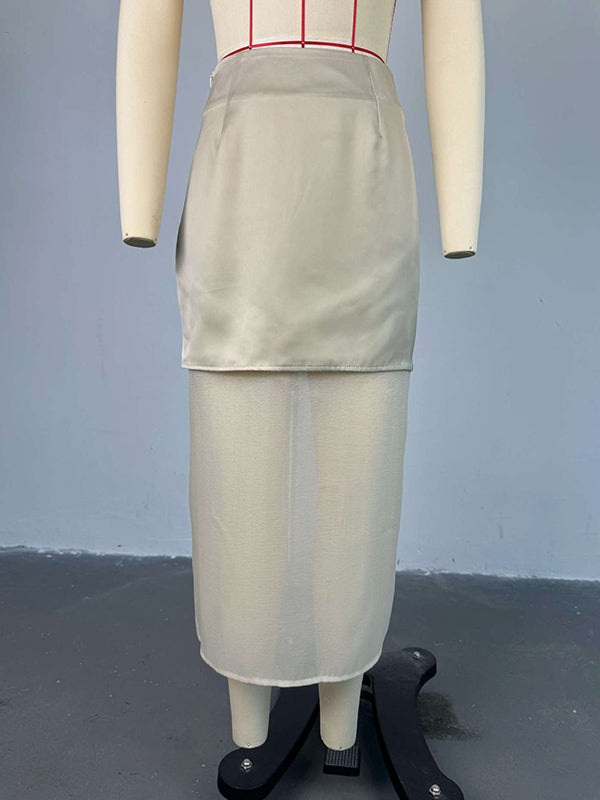 Loose Solid Color See-Through Long Sleeves Lapel Blouse + Skirt Two Pieces Set