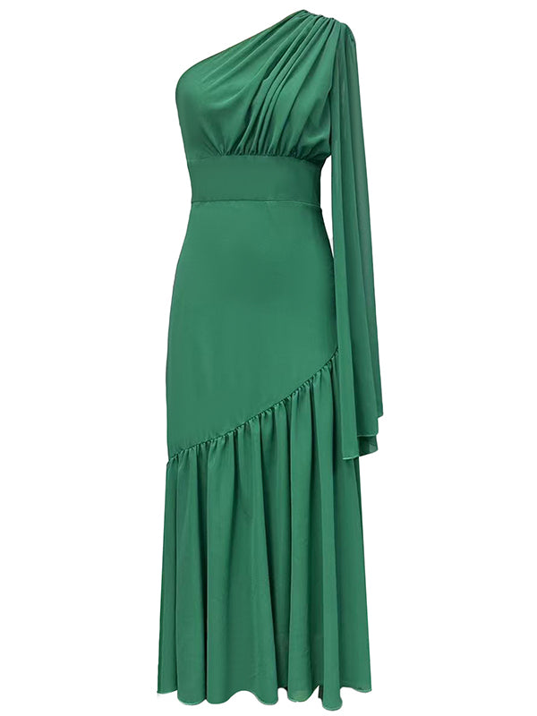 Long Sleeves Loose Pleated Solid Color Zipper One-Shoulder Maxi Dresses